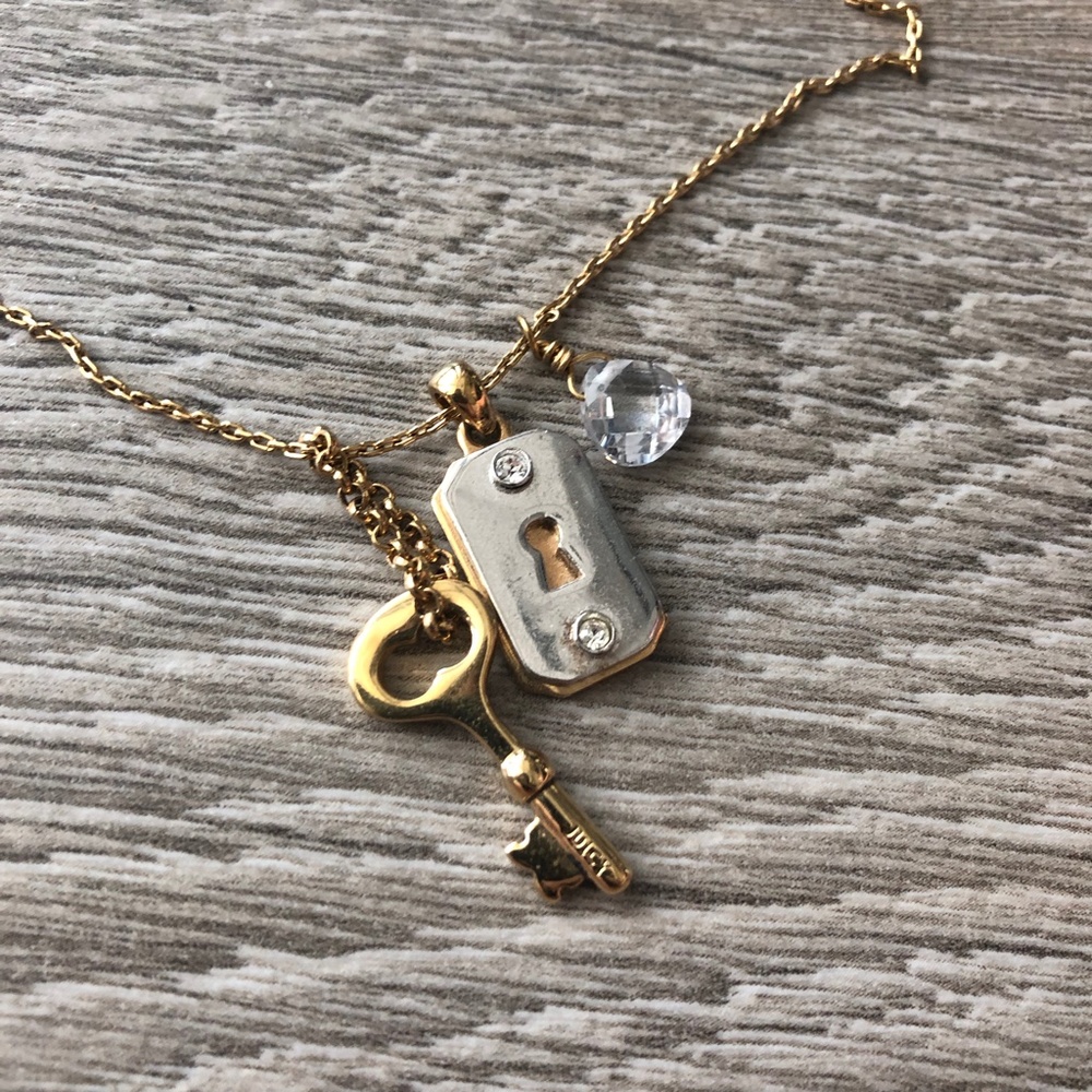 Juicy Couture Gold and Silver Key & Lock Charm Necklace with Clear Crystal